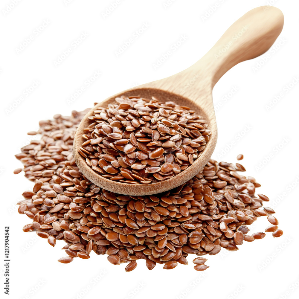 A wooden spoon filled with flax seeds resting on a transparent background surrounded by a heap of nutritious seeds, Flax seeds heap in wood spoon on transparent background A wooden spoon filled with flax seeds resting on a transparent background surrounded by a heap of nutritious seeds, Flax seeds heap in wood spoon on transparent background