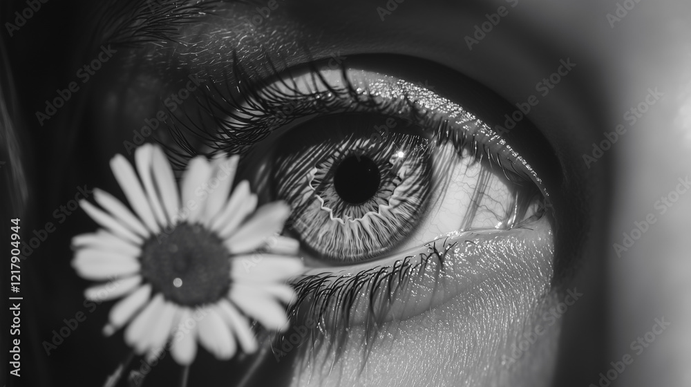 Obraz premium Close up of woman's eye a flower. Eye, flowers, black, white girl, face, eyelashes, shadow. A girl with dark eyelashes and a dark face with dark shadow. A girl with black eyes lifestyle and face.