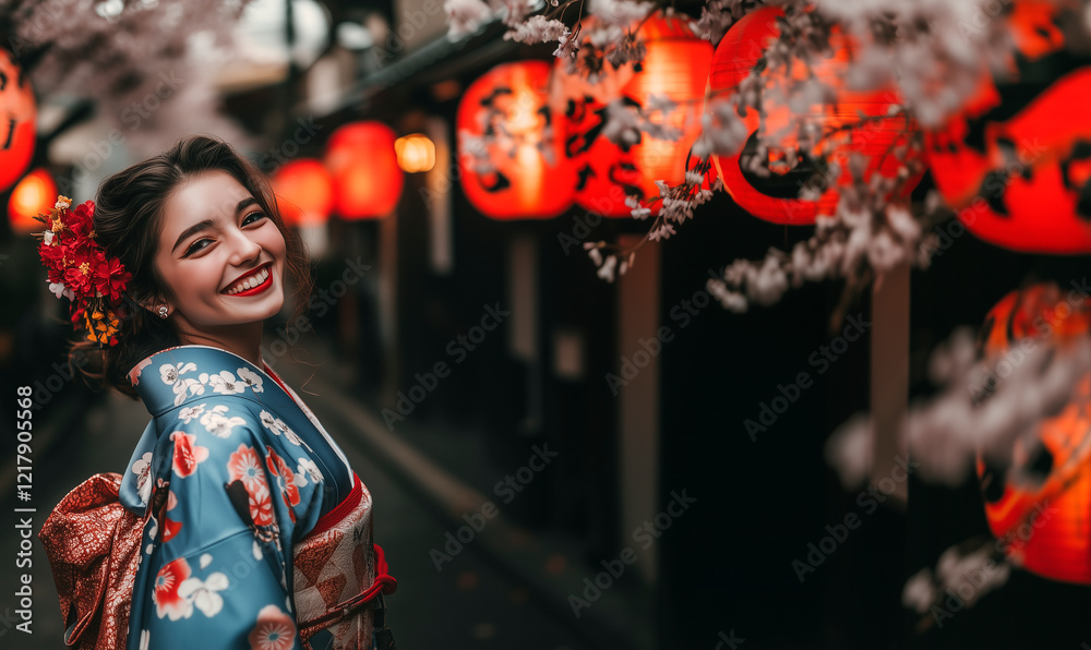 Naklejka premium 着物姿の女性。写真風素材。