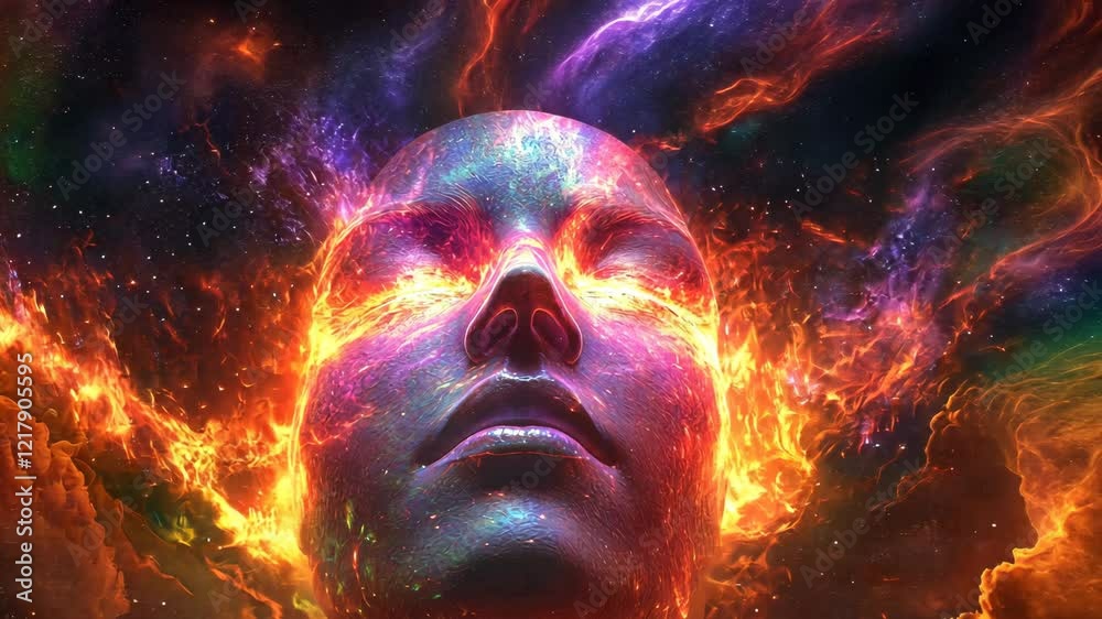 Vivid cosmic energy envelops serene face in a vibrant astronomical landscape Vivid cosmic energy envelops serene face in a vibrant astronomical landscape