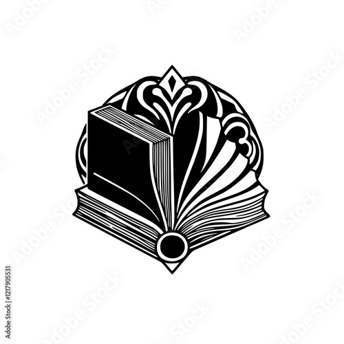 Open Book with Intricate Design: A Black and White Literary Illustration