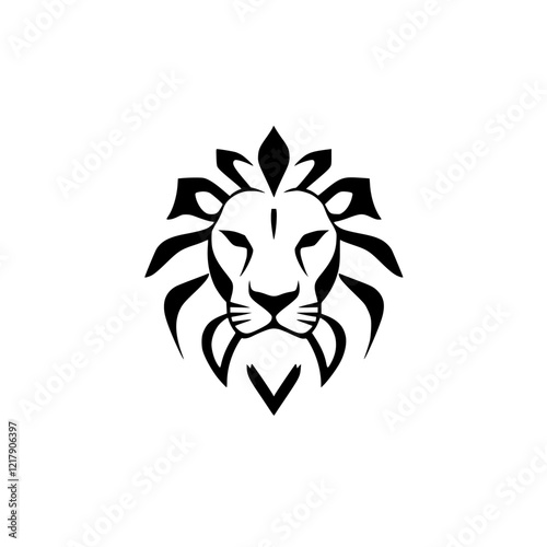 Majestic Lion Head: Abstract Black and White Vector Design. Perfect for logos, symbols, and graphic designs. This regal image evokes strength, power, and the wild.