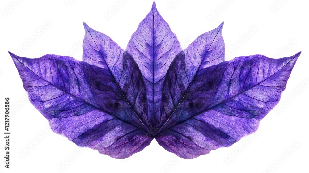 Obraz premium Violet-colored leaf with symmetrical design and vibrant textures, isolated on white.