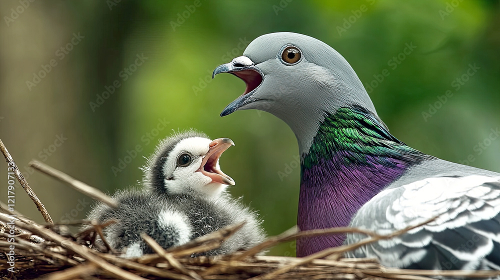 Fototapeta premium Wood Pigeon Nurtures Its Chick in a Lush, Vibrant Nest Showcasing Natures Bond