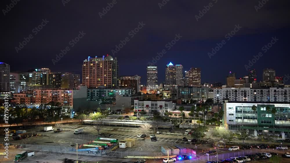 Tampa, Florida USA - Jan 24, 2025: Tampa downtown cruise port and city skyline and skyscraper in the early morning	

