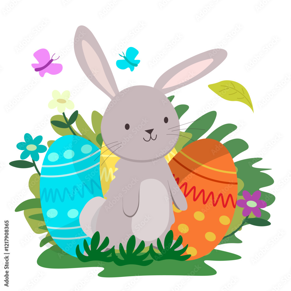 gray rabbit and easter eggs on a white background gray rabbit and easter eggs on a white background