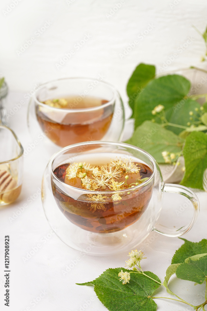 Glass cups of linden tea on white background Glass cups of linden tea on white background