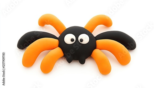 Colorful, playful spider figurine made from modeling clay, set against a plain white background, ideal for children's crafts