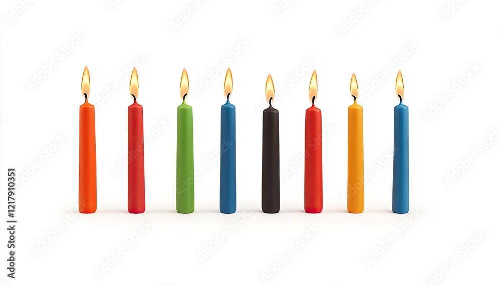 Colorful lit candles arranged in a line, creating a festive atmosphere against a plain white background Colorful lit candles arranged in a line, creating a festive atmosphere against a plain white background