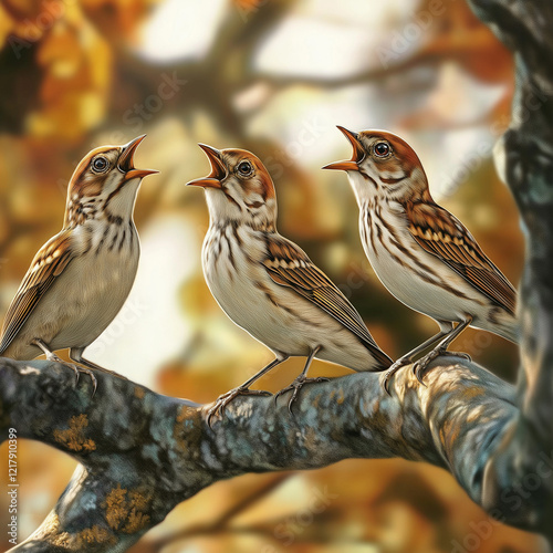 Three birds singing on a tree branch in an autumn forest