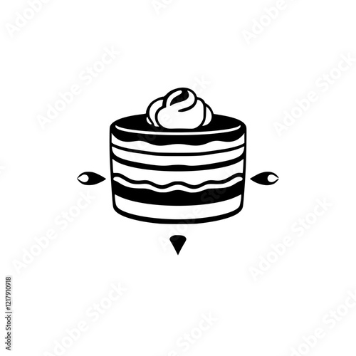 A delectable layered cake, adorned with whipped cream, is presented in a minimalist black and white illustration. This sweet treat is perfect for bakery menus, dessert blogs, and culinary designs.