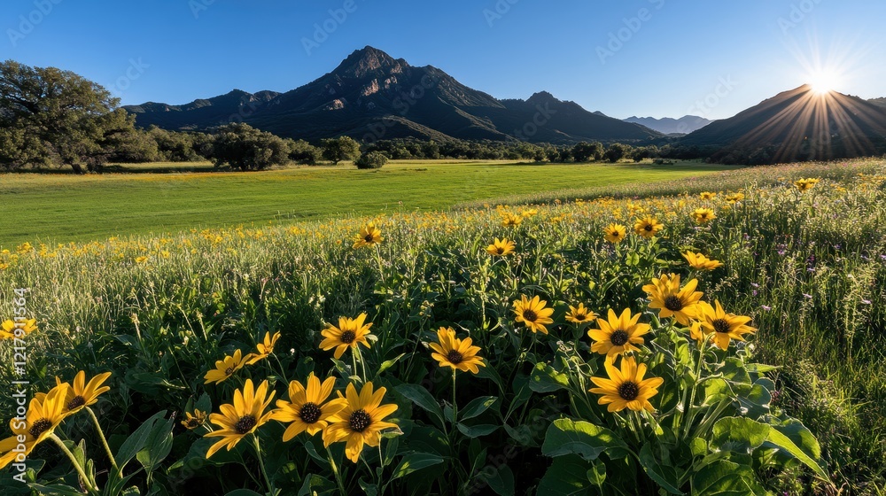 Vibrant Sunflower Field in Front of Majestic Mountains Under Bright Blue Sky with Sunlight Peeking Over Peaks in Early Morning Setting