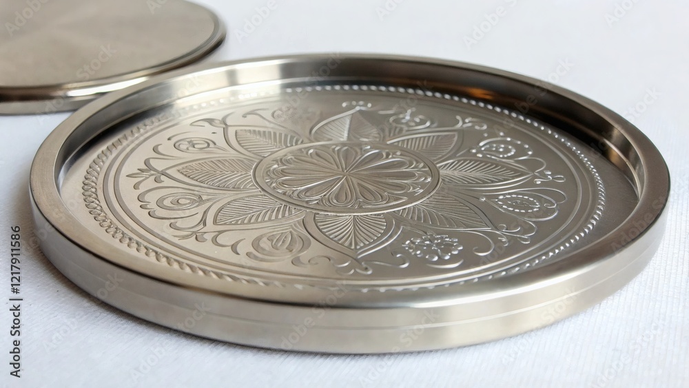 Metal coaster with laser engraving on a white background Metal coaster with laser engraving on a white background