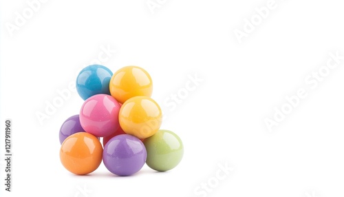 Colorful arrangement of glossy balls stacked playfully on a white background, ideal for children's themes