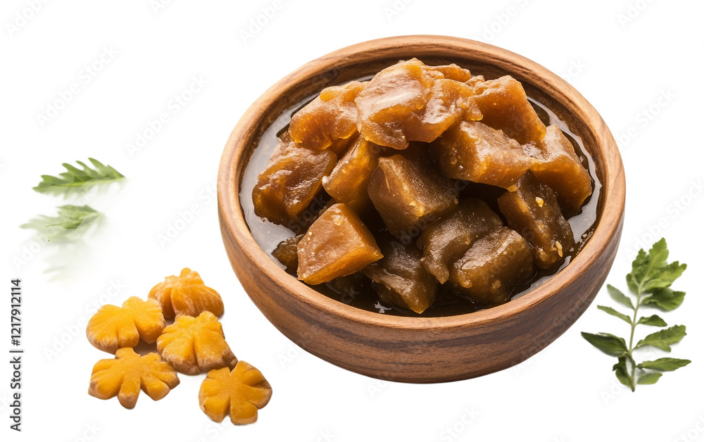 A Bowl of Jaggery with Neem Flowers and Tamarind Representing Traditional Wellness isolated on transparent background. A Bowl of Jaggery with Neem Flowers and Tamarind Representing Traditional Wellness isolated on transparent background.
