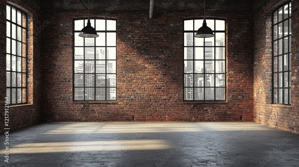 Empty industrial loft interior with large windows and brick walls.