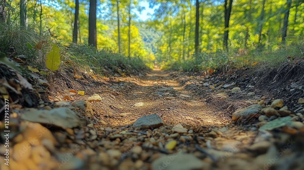 A rocky path through a green forest illuminated by sunlight filters through the trees A rocky path through a green forest illuminated by sunlight filters through the trees