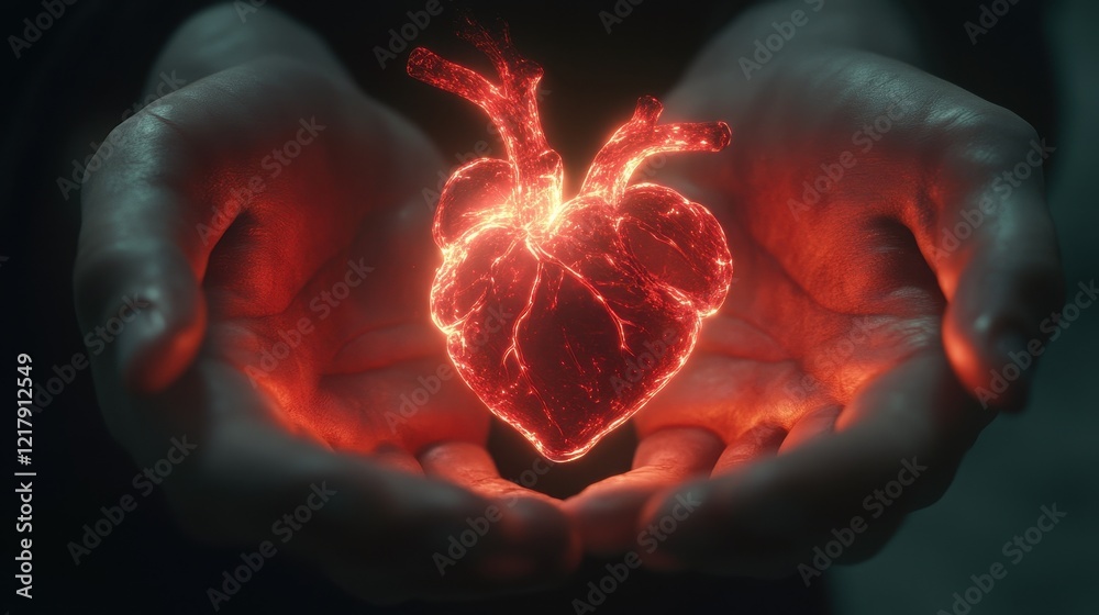 Glowing Heart Held in Gentle Human Hands Glowing Heart Held in Gentle Human Hands