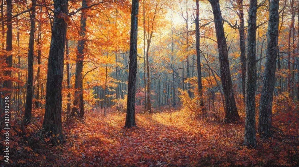 Autumnal forest path bathed in warm sunlight. Autumnal forest path bathed in warm sunlight.