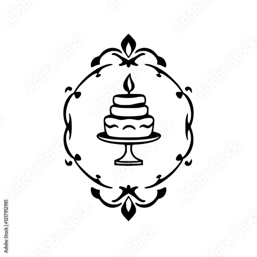 A delectable three-layered cake, adorned with a single candle, sits elegantly on a cake stand, encircled by a decorative frame. Perfect for birthdays or any special occasion.