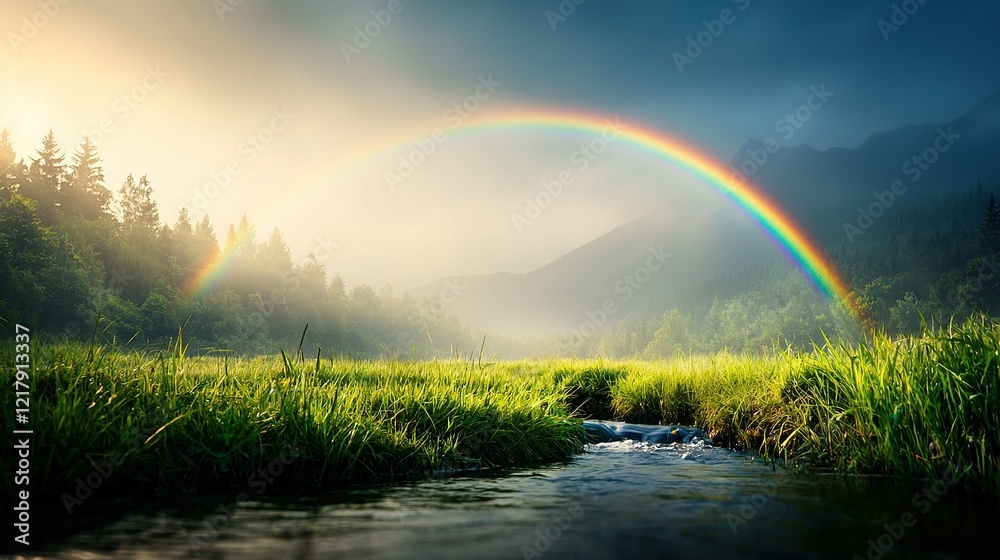 Naklejka premium A radiant bow graces the heavens above a babbling brook surrounded by lush vegetation and majestic peaks