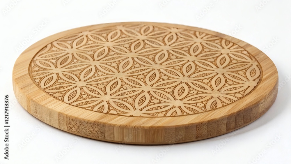 Fototapeta premium Bamboo coaster with engraved pattern on a white background 