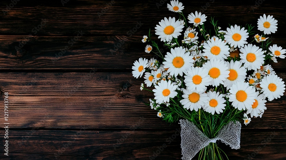 Obraz premium A vase with daisies, placed on a wooden table and wrapped in white cloth