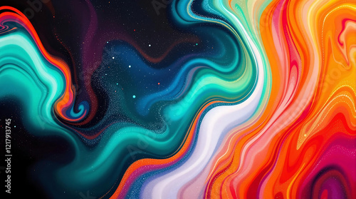 Vibrant abstract painting with flowing, colorful patterns in blue, orange, and white. Ideal for backgrounds, wall art, or creative design projects.