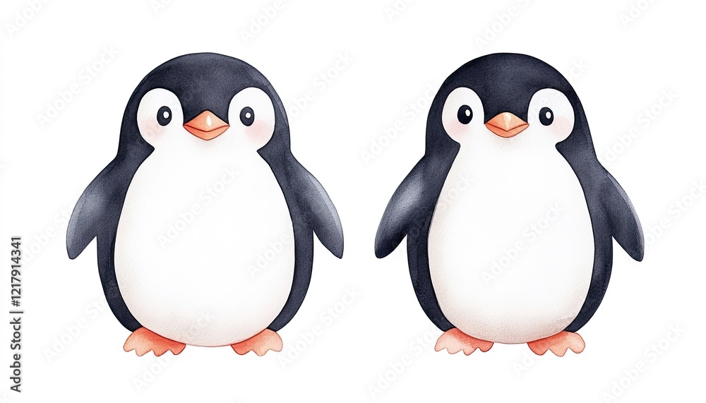 Fototapeta premium Two adorable cartoon penguins standing side by side, showcasing their playful nature against a white background