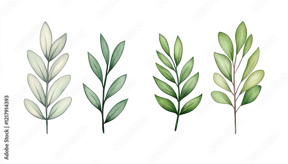 Naklejka premium A collection of beautifully illustrated green leaves showcasing various shades and shapes on a clean background