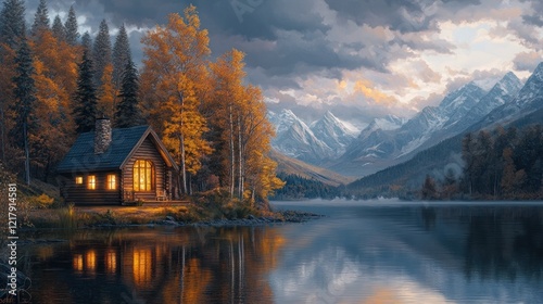 Cozy log cabin nestled in a serene autumn landscape surrounded by a tranquil lake and vibrant fall foliage  The cabin s warm glowing lights are reflected in the still waters