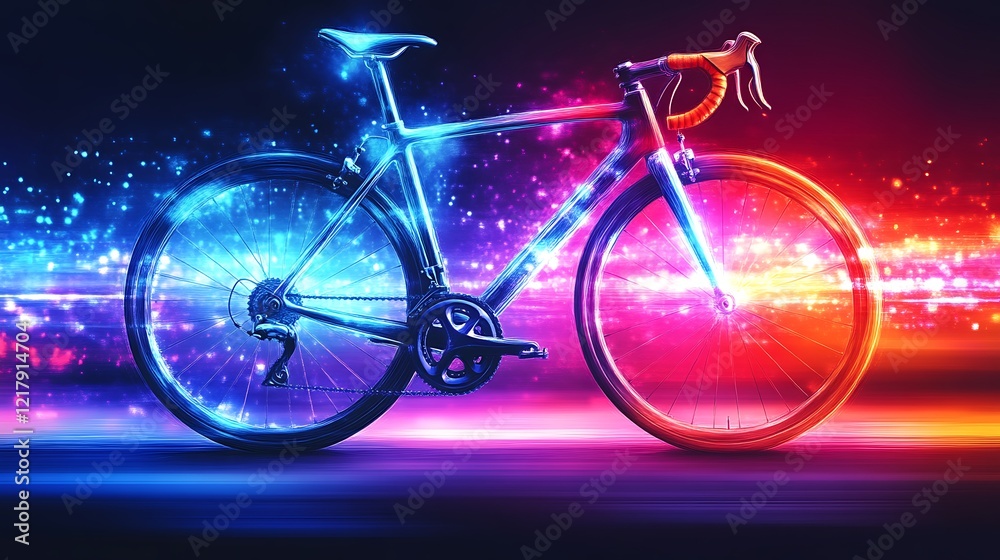 Fototapeta premium Glowing Road Bicycle in Vibrant Night Setting