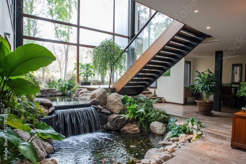 Modern home interior with indoor waterfall and staircase