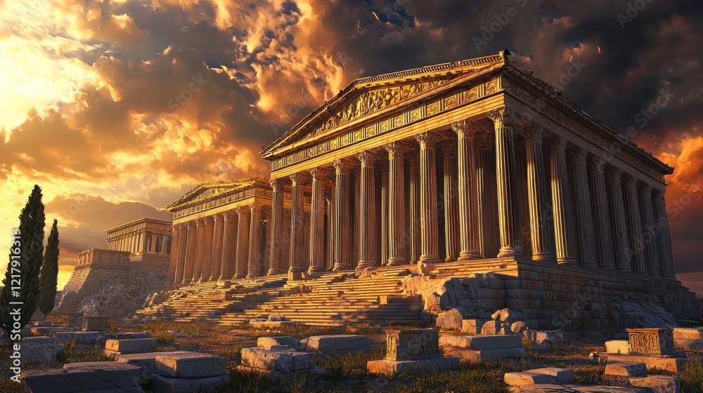 Obraz premium Majestic ancient Greek temple at sunset, ruins, columns, sky.