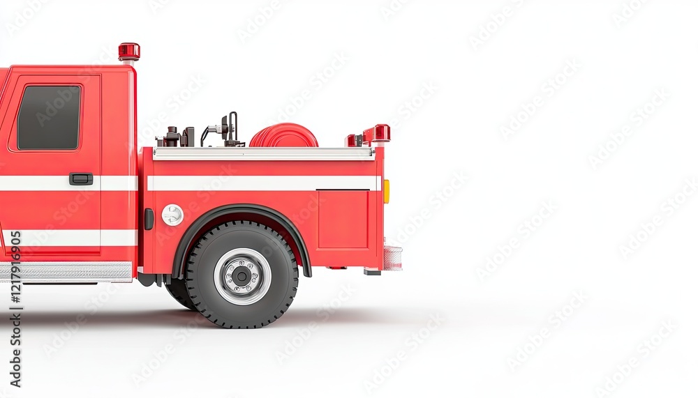 A side view of a bright red fire truck showcasing its equipment against a clean white background A side view of a bright red fire truck showcasing its equipment against a clean white background