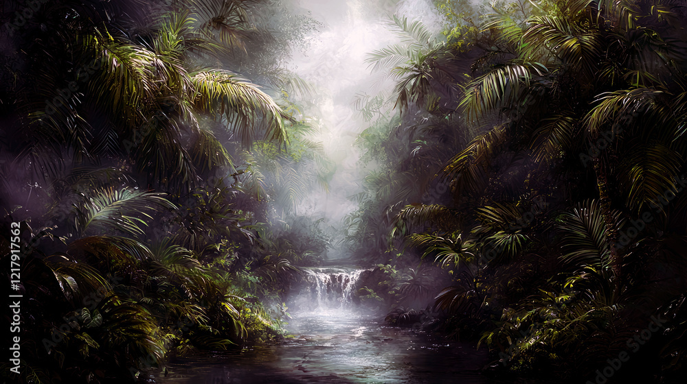 Fototapeta premium Enchanted Jungle River: A Mystical Waterfall in a Lush Tropical Paradise