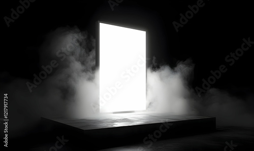 Mysterious glowing door emerging from fog in dark serene space with abstract illumination and enigmatic atmosphere photo