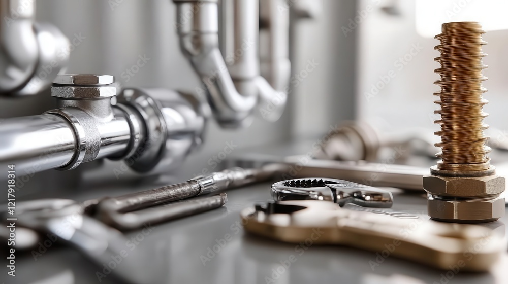 Plumbing tools on floor, close-up of wrenches, pipes, and fittings, organized and ready Plumbing tools on floor, close-up of wrenches, pipes, and fittings, organized and ready
