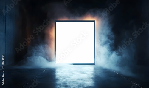 Mysterious Glowing Frame Surrounded By Fog In A Dimly Lit Space Evoking Curiosity And Imagination photo