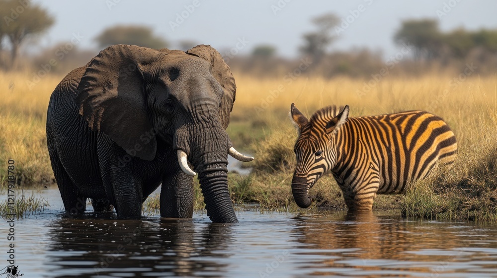 Fototapeta premium Elephant and Zebra drinking at a waterhole in the African savanna on a bright day