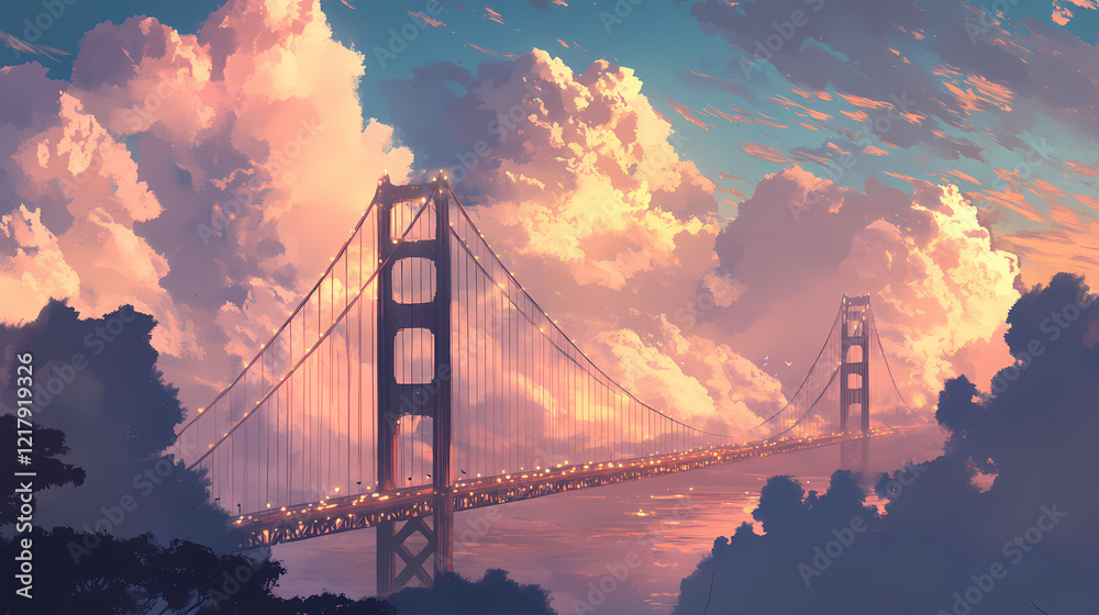 Fototapeta premium Golden gate bridge sunset with dramatic clouds. Twilight Bridge. Illustration