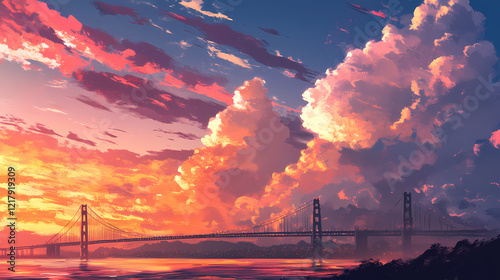 Golden gate bridge sunset with dramatic clouds. Twilight Bridge. Illustration