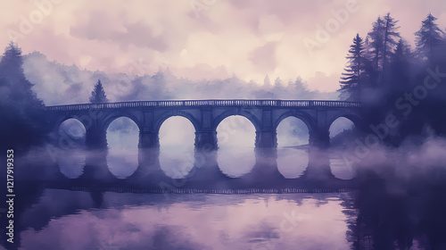 Gothic bridge, spanning a misty river, watercolor style. Twilight Bridge. Illustration