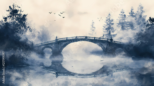 Gothic bridge, spanning a misty river, watercolor style. Twilight Bridge. Illustration