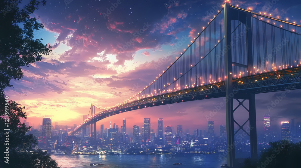 Obraz premium Illuminated suspension bridge at twilight over a city skyline. Twilight Bridge. Illustration