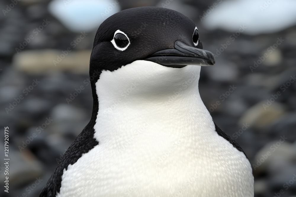 Naklejka premium Close up of an adelie penguin on a rocky surface in antarctica