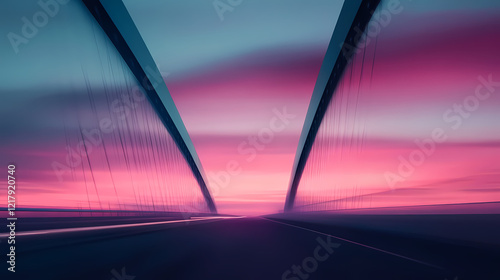 Twilight long exposure photograph of modern bridge with streaked clouds in serene palette, twilight. Twilight Bridge. Illustration