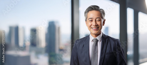 オフィスで撮影された笑顔の50代～60代のビジネスマンのポートレート（Portrait of a smiling businessman in his 50s or 60s photographed in an office）
 photo