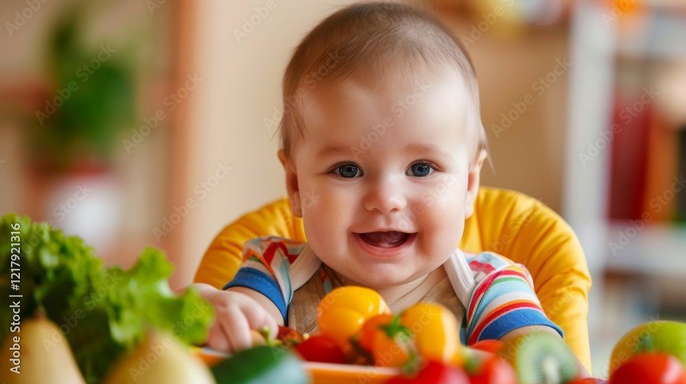 Healthy cute caucasian baby boy have, eat vegan raw supplementary food at home in his highchair Healthy cute caucasian baby boy have, eat vegan raw supplementary food at home in his highchair