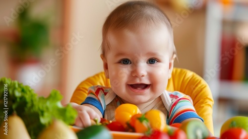 Healthy cute caucasian baby boy have, eat vegan raw supplementary food at home in his highchair